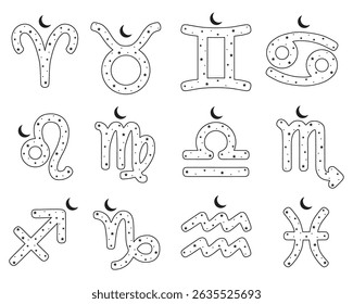 Zodiac sign collection with stars and moon, vector art