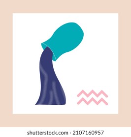 Zodiac Sign concept. Aquarius. Colorful poster or design element with jug and pouring water. Astrological horoscope for future or esoteric technique. Cartoon flat vector illustration with pink frame