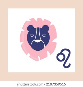 Zodiac Sign concept. Leo. Colorful poster with wild animal or predatory lion and esoteric symbol. Astrological horoscope or forecast for future. Cartoon flat vector illustration with pink frame