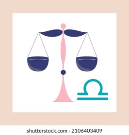 Zodiac Sign concept. Libra. Colorful poster with blue scales and esoteric symbol. Design element for astrological horoscopes and applications. Cartoon flat vector illustration with pink frame