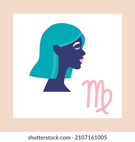 Zodiac Sign concept. Virgo. Colorful poster with beautiful smiling girl with blue hair and esoteric symbol. Predicting future, astrological horoscope. Cartoon flat vector illustration with pink frame