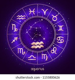 Zodiac sign and constellation AQUARIUS with Horoscope circle and sacred symbols on the starry night sky background with geometry pattern. Vector illustrations in purple color. Gold elements.