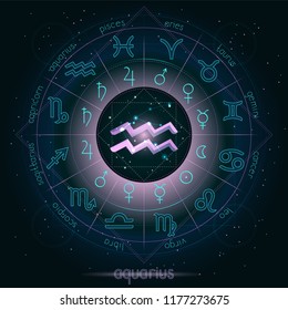 Zodiac sign and constellation AQUARIUS with Horoscope circle on the starry night sky background with geometry pattern. Sacred symbols and pictograms astrology planets in mystical circle.  Vector.