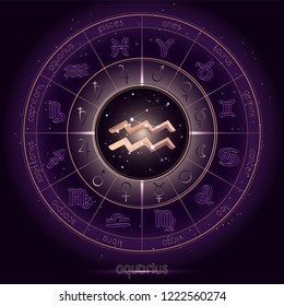 Zodiac sign and constellation AQUARIUS with Horoscope circle on the starry night sky background with geometry pattern. Sacred symbols and pictograms astrology planets in mystical circle. Gold.