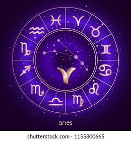 Zodiac sign and constellation ARIES with Horoscope circle and sacred symbols on the starry night sky background with geometry pattern. Vector illustrations in purple color. Gold elements.