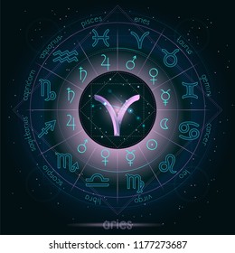 Zodiac sign and constellation ARIES with Horoscope circle on the starry night sky background with geometry pattern. Sacred symbols and pictograms astrology planets in mystical circle. 