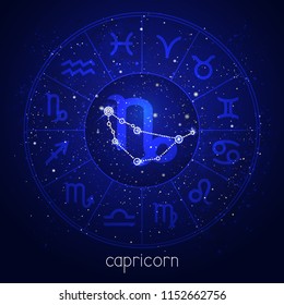 Zodiac sign and constellation CAPRICORN with Horoscope circle and sacred symbols on the starry night sky background. Vector illustrations in blue color.