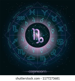 Zodiac sign and constellation CAPRICORN with Horoscope circle on the starry night sky background with geometry pattern. Sacred symbols and pictograms astrology planets in mystical circle.  Vector.