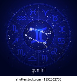 Zodiac sign and constellation GEMINI with Horoscope circle and sacred symbols on the starry night sky background. Vector illustrations in blue color.