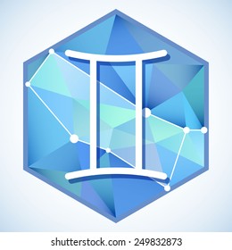 Zodiac sign and constellation Gemini into hexagonal frames on low poly background