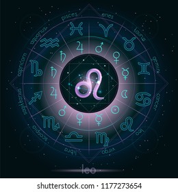 Zodiac sign and constellation LEO with Horoscope circle on the starry night sky background with geometry pattern. Sacred symbols and pictograms astrology planets in mystical circle.