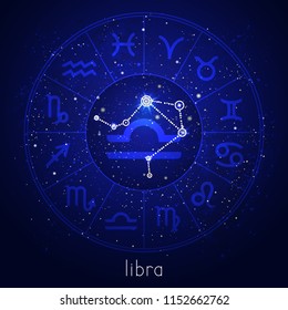 Zodiac sign and constellation LIBRA with Horoscope circle and sacred symbols on the starry night sky background. Vector illustrations in blue color.