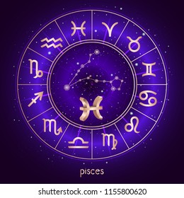 Zodiac sign and constellation PISCES with Horoscope circle and sacred symbols on the starry night sky background with geometry pattern. Vector illustrations in purple color. Gold elements.