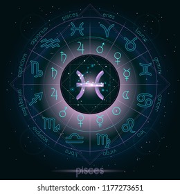 Zodiac sign and constellation PISCES with Horoscope circle on the starry night sky background with geometry pattern. Sacred symbols and pictograms astrology planets in mystical circle.  Vector.