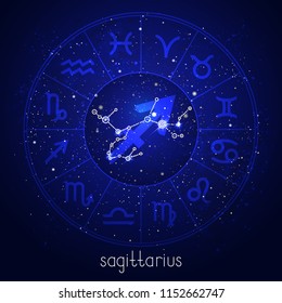 Zodiac sign and constellation SAGITTARIUS with Horoscope circle and sacred symbols on the starry night sky background. Vector illustrations in blue color.