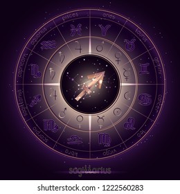 Zodiac sign and constellation SAGITTARIUS with Horoscope circle on the starry night sky background with geometry pattern. Sacred symbols and pictograms astrology planets in mystical circle. Vector.