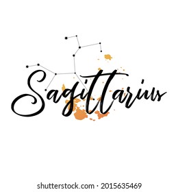 Zodiac sign constellation sagittarius. Watercolor spots, lettering.