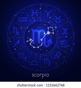 Zodiac sign and constellation SCORPIO with Horoscope circle and sacred symbols on the starry night sky background. Vector illustrations in blue color.