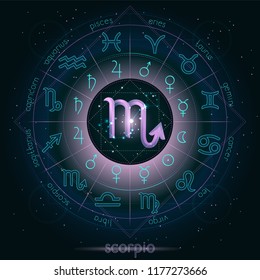 Zodiac sign and constellation SCORPIO with Horoscope circle on the starry night sky background with geometry pattern. Sacred symbols and pictograms astrology planets in mystical circle.  Vector.