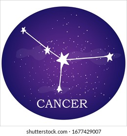 Zodiac sign, constellation of stars Cancer in doodle style in vector design. Illustration of night sky in round shape. Icon or print. Mistic, astrological decoration