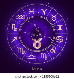 Zodiac sign and constellation TAURUS with Horoscope circle and sacred symbols on the starry night sky background with geometry pattern. Vector illustrations in purple color. Gold elements.