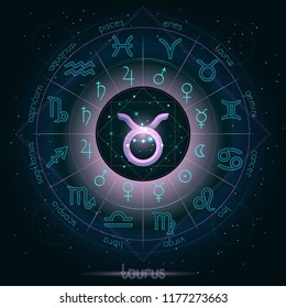 Zodiac sign and constellation TAURUS  with Horoscope circle on the starry night sky background with geometry pattern. Sacred symbols and pictograms astrology planets in mystical circle.  Vector.