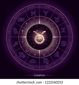 Zodiac sign and constellation TAURUS with Horoscope circle on the starry night sky background with geometry pattern. Sacred symbols and pictograms astrology planets in mystical circle. Vector.