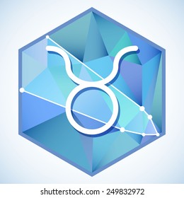 Zodiac sign and constellation Taurus into hexagonal frames on low poly background