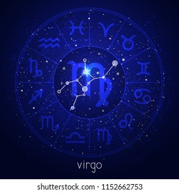 Zodiac sign and constellation VIRGO with Horoscope circle and sacred symbols on the starry night sky background. Vector illustrations in blue color.