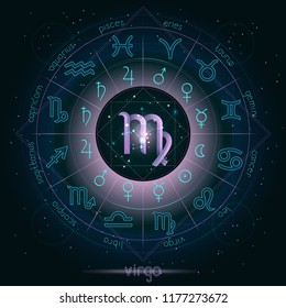 Zodiac-Zeichen und Sternbild-VIRGO mit Horoskop-Kreis auf dem Sternenhimmel-Hintergrund mit Geometrie-Muster. Heilige Symbole und Piktogramme Astrologie Planeten im mystischen Kreis. Vektorgrafik.