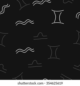Zodiac sign, doodles, hole, aquarius, gemini, libra, seamless pattern. Hand drawn.