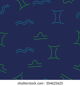Zodiac sign, doodles, hole, aquarius, gemini, libra, seamless pattern. Hand drawn.