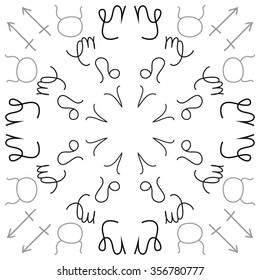 Zodiac sign, doodles, hole, Taurus, Capricorn,Virgo, Aries, Sagittarius, lion, circular pattern. Hand drawn.