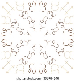 Zodiac sign, doodles, hole, Taurus, Capricorn, Virgo, Aries, Sagittarius, lion,circular pattern. Hand drawn.
