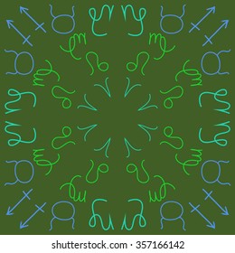 Zodiac sign, doodles, hole, Taurus, Capricorn, Virgo, Aries, Sagittarius, lion, circular pattern. Hand drawn.
