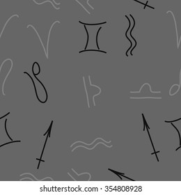 Zodiac sign , doodles, hole,aquarius,gemini, libra,aries, sagittarius,lion, seamless pattern. Hand drawn.