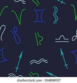 Zodiac sign , doodles, hole,aquarius,gemini, libra,aries, sagittarius,lion, seamless pattern. Hand drawn.