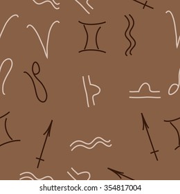 Zodiac sign , doodles, hole,aquarius,gemini, libra,aries, sagittarius,lion, seamless pattern. Hand drawn.
