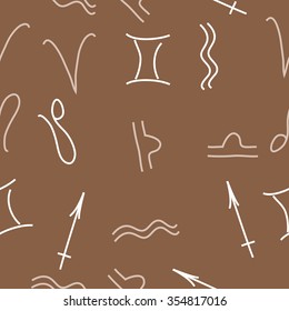 Zodiac sign , doodles, hole,aquarius,gemini, libra,aries, sagittarius,lion, seamless pattern. Hand drawn.