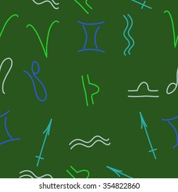 Zodiac sign , doodles, hole,aquarius,gemini, libra,aries, sagittarius,lion, seamless pattern. Hand drawn.