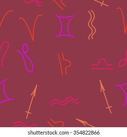 Zodiac sign , doodles, hole,aquarius,gemini, libra,aries, sagittarius,lion, seamless pattern. Hand drawn.