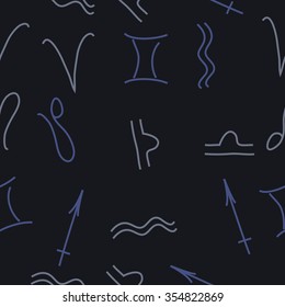 Zodiac sign , doodles, hole,aquarius,gemini, libra,aries, sagittarius,lion, seamless pattern. Hand drawn.