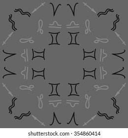 Zodiac sign , doodles, hole,aquarius,gemini, libra,aries, sagittarius,lion, circular pattern. Hand drawn.
