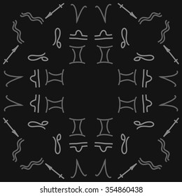 Zodiac sign , doodles, hole,aquarius,gemini, libra,aries, sagittarius,lion, circular pattern. Hand drawn.