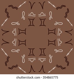Zodiac sign , doodles, hole,aquarius,gemini, libra,aries, sagittarius,lion, circular pattern. Hand drawn.