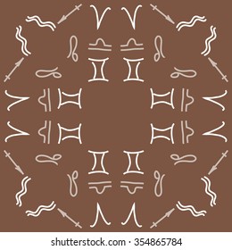 Zodiac sign , doodles, hole,aquarius,gemini, libra,aries, sagittarius,lion, circular pattern. Hand drawn.