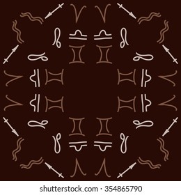 Zodiac sign , doodles, hole,aquarius,gemini, libra,aries, sagittarius,lion, circular pattern. Hand drawn.