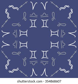 Zodiac sign , doodles, hole,aquarius,gemini, libra,aries, sagittarius,lion, circular pattern. Hand drawn.