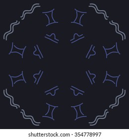 Zodiac sign , doodles, hole,aquarius,gemini, libra,circular pattern. Hand drawn.