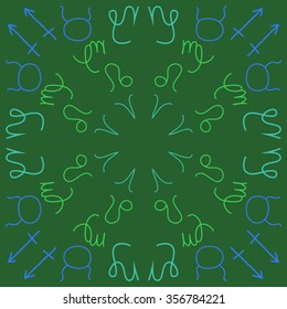 Zodiac sign, doodles, hole,Taurus,Capricorn, Virgo, Aries, Sagittarius, lion, circular pattern. Hand drawn.